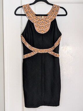 Free People Black Bronze Nefertiti Jewel Textured Stretch Mini Dress Women's S